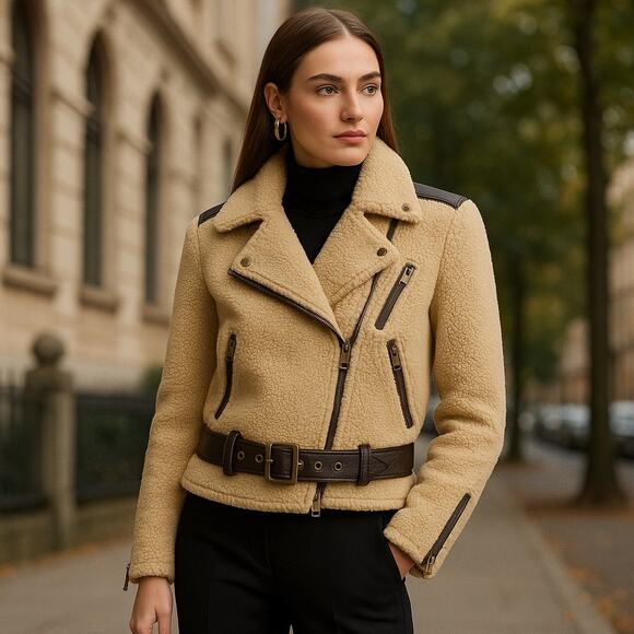 POLO RALPH LAUREN Sherpa Fleece Moto Jacket Leather Trim Women’s Size Large - Picture 1 of 8